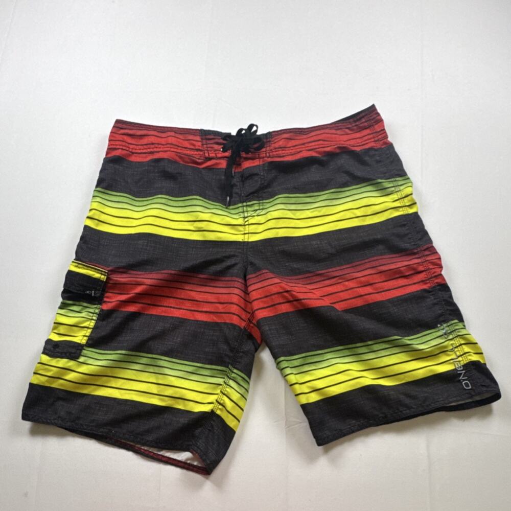 O'Neill Men's Striped Board Shorts Black Red Yellow Green Size 38 Drawstring